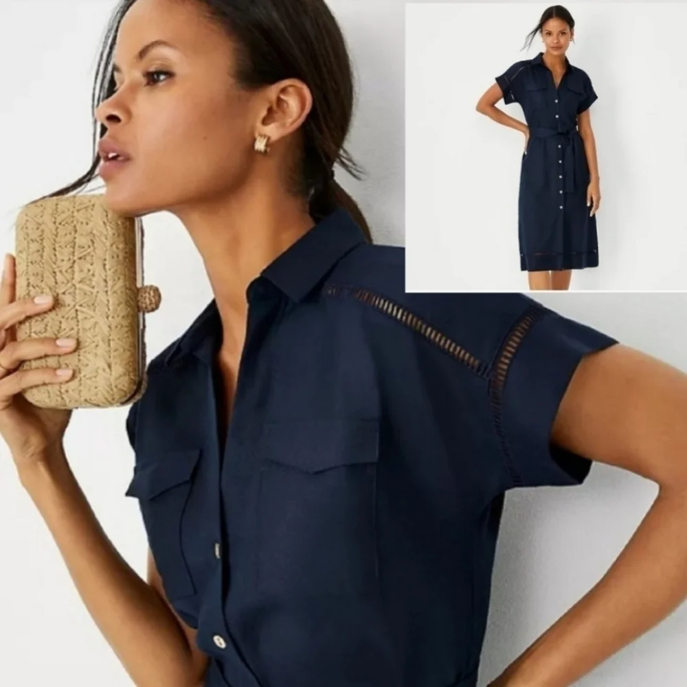 NEW! ANN TAYLOR Cut Out Linen Blend Midi Tie Waist Shirt Dress 2.